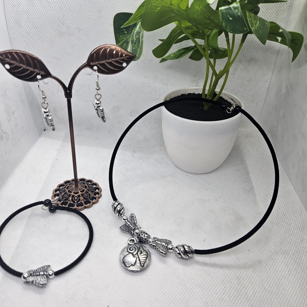 Silver Butterfly Charm Choker Necklace on Black Cord